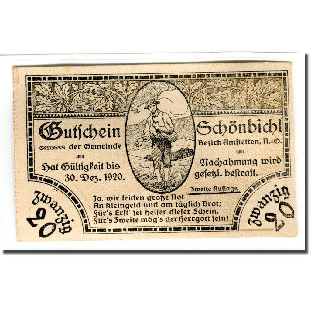 Banknote, Austria, Schonbichl, 20 Heller, Texte 8, 1920, 1920-03-21, UNC(63)