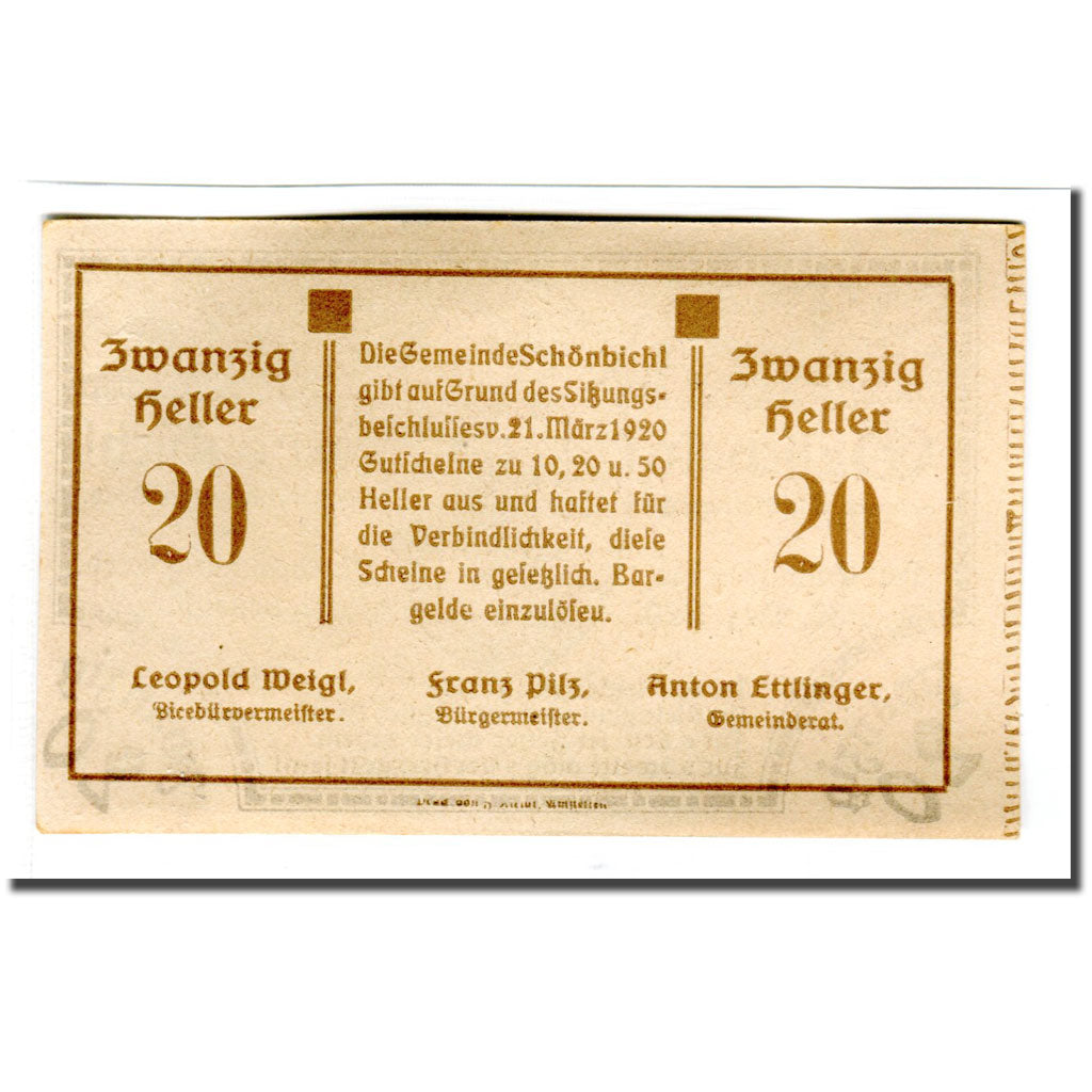 Banknote, Austria, Schonbichl, 20 Heller, Texte 8, 1920, 1920-03-21, UNC(63)