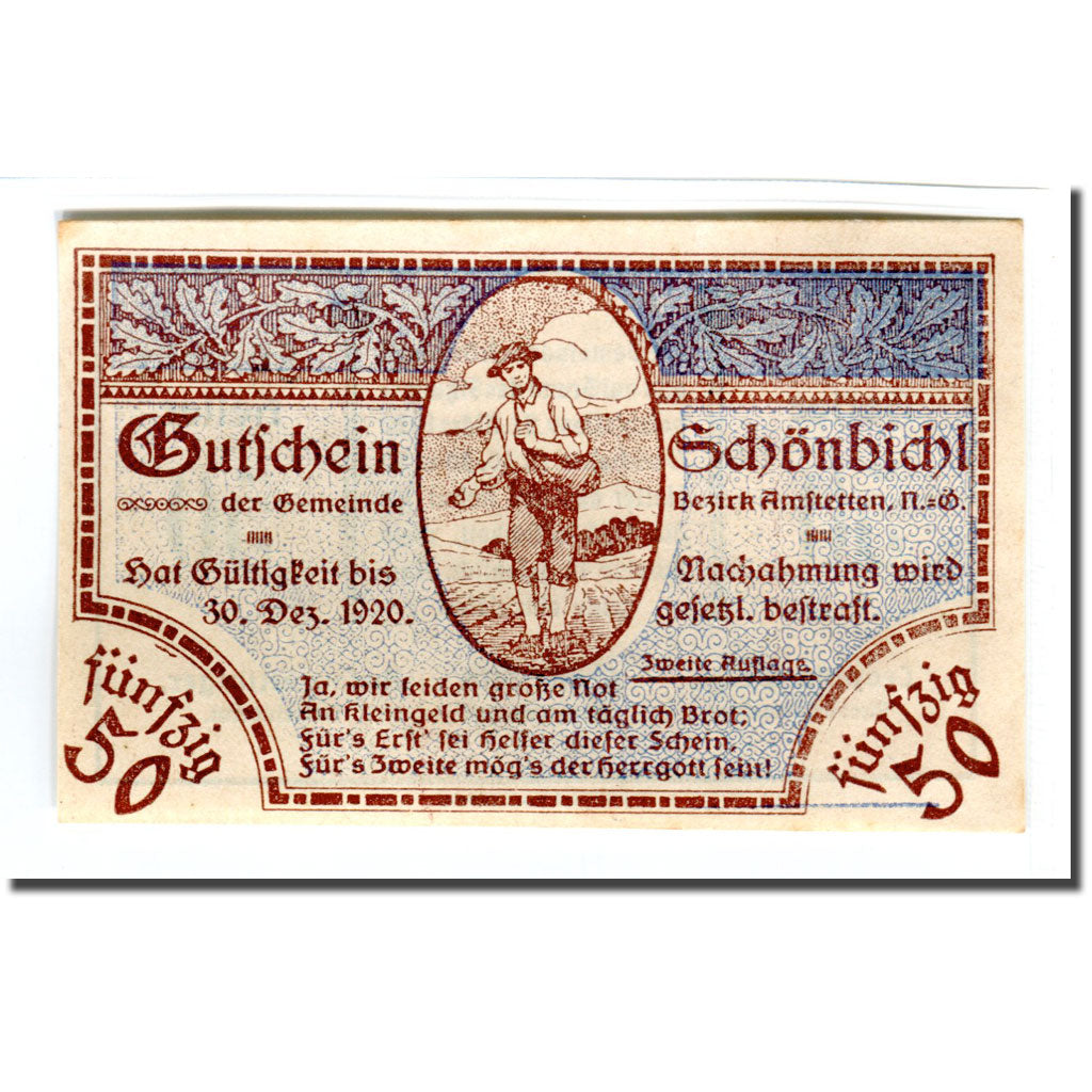 Banknote, Austria, Schonbichl, 50 Heller, Texte 9, 1920, 1920-03-21, UNC(63)