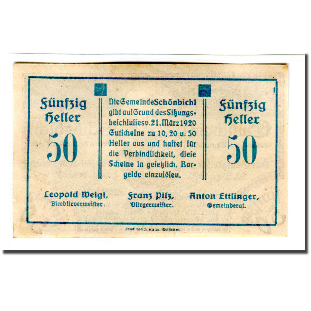 Banknote, Austria, Schonbichl, 50 Heller, Texte 9, 1920, 1920-03-21, UNC(63)
