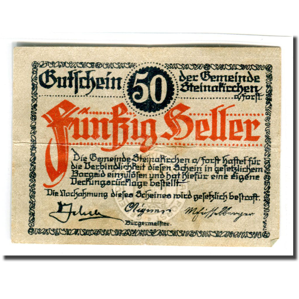 Banconote, Austria, Steinakirchen am Forst, 50 Heller, Blason, 1922, SPL-