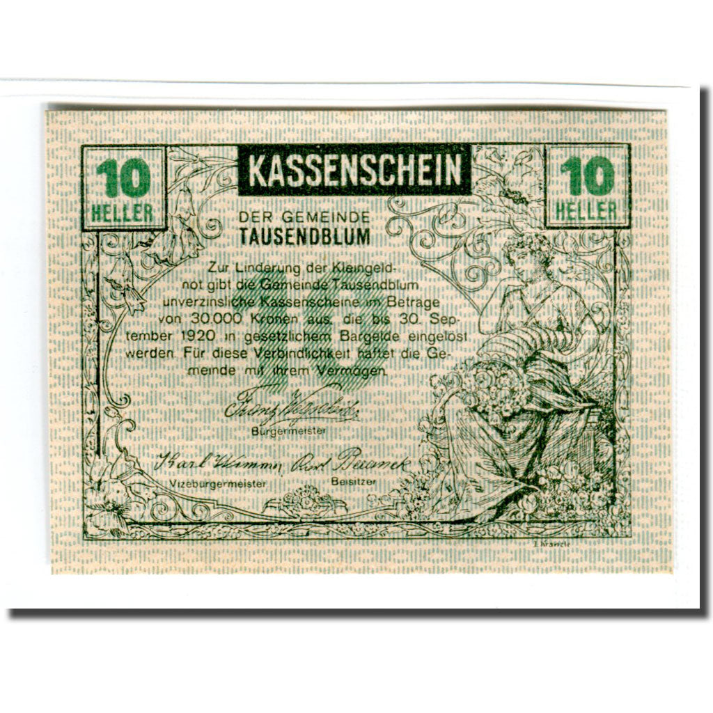 Banknote, Austria, Tausend Blumen, 10 Heller, personnage, 1920, UNC(63)