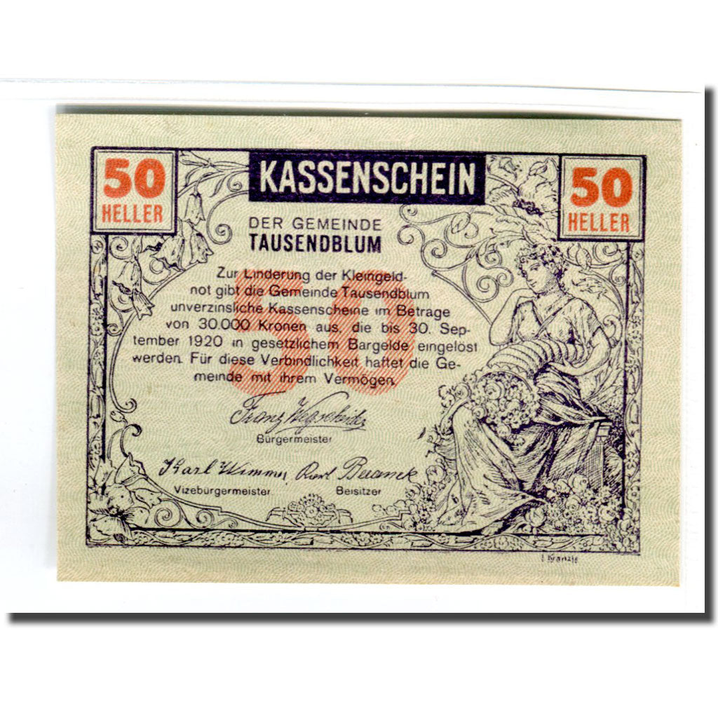 Banknote, Austria, Tausend Blumen, 50 Heller, personnage 2, 1920, UNC(63)