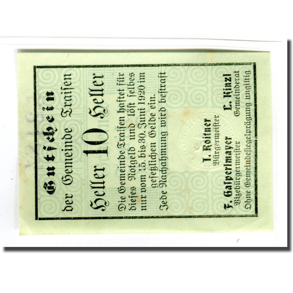 Banknote, Austria, Traisen, 10 Heller, N.D, 1920, UNC(63), Mehl:1076Ib