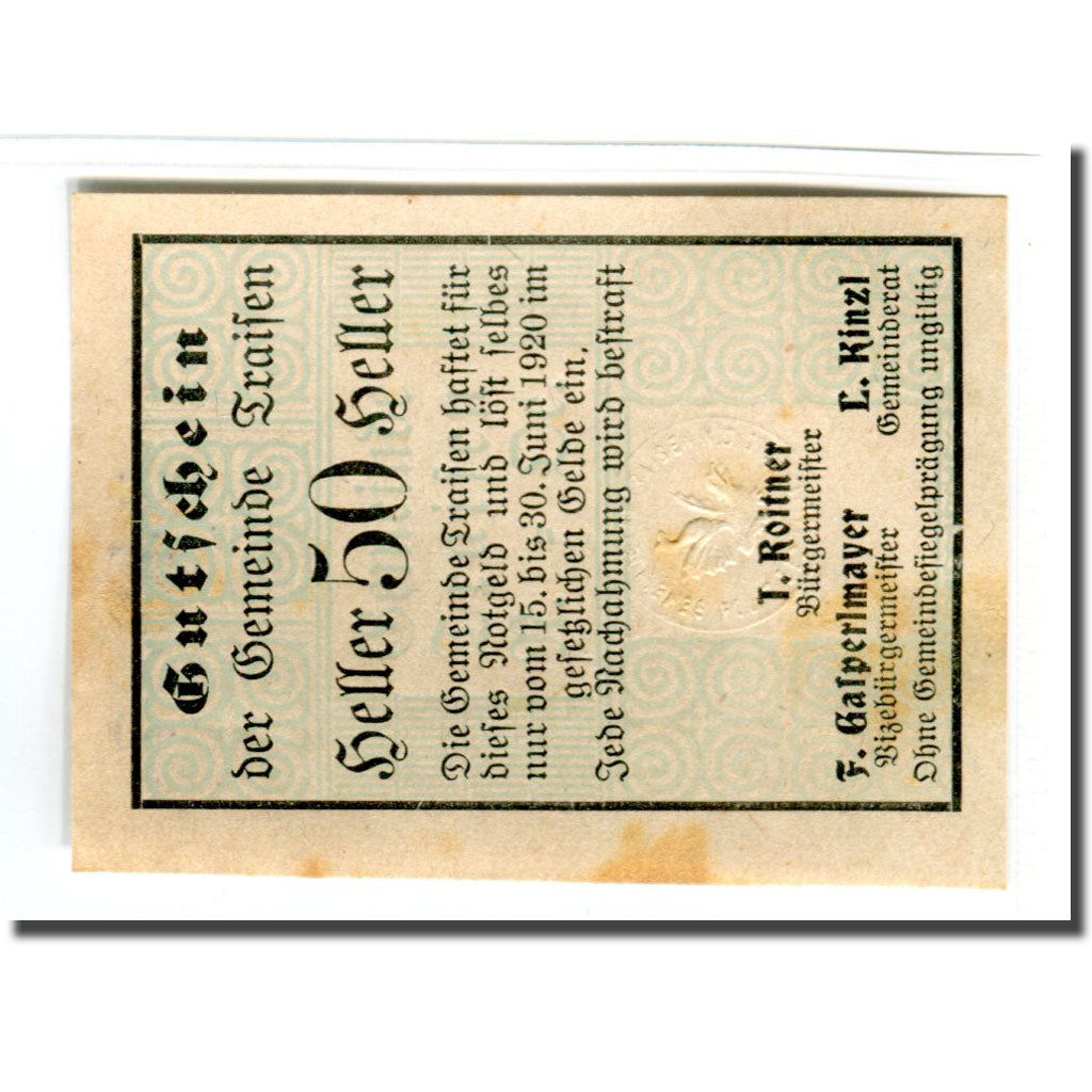 Banknote, Austria, Traisen, 50 Heller, N.D, 1920, UNC(63), Mehl:1076Ib