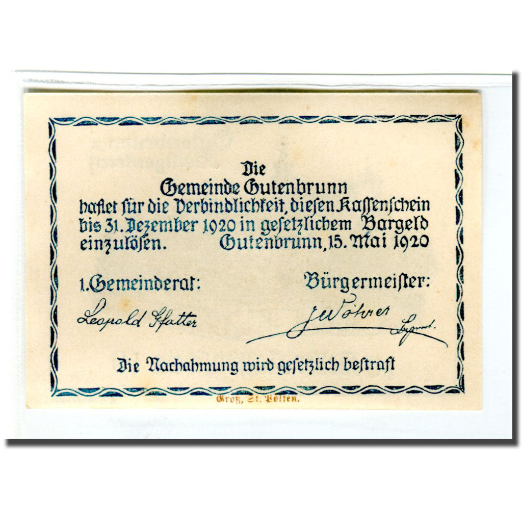 Banknote, Austria, Gutenbrunn, 10 Heller, Texte, 1920, UNC(63), Mehl:316