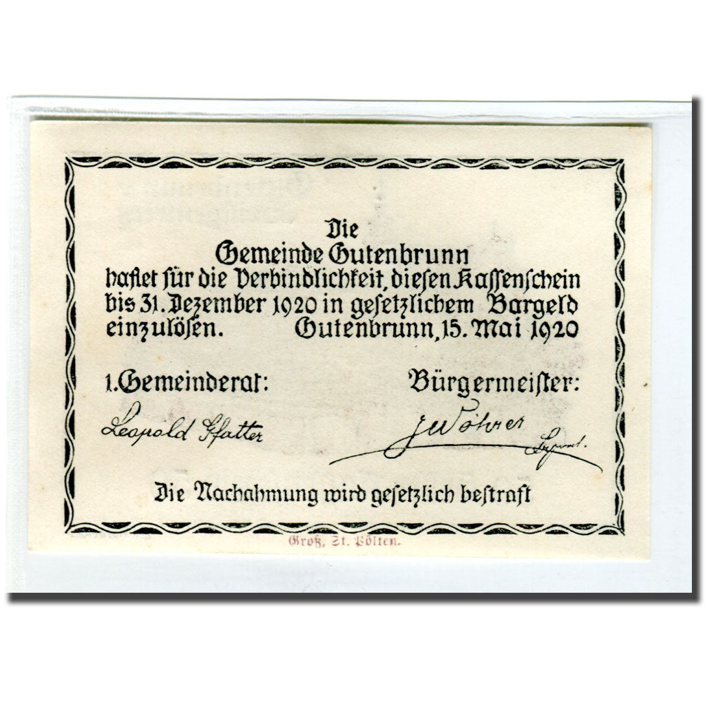 Banconote, Austria, Gutenbrunn, 50 Heller, Texte 2, 1920, SPL, Mehl:316