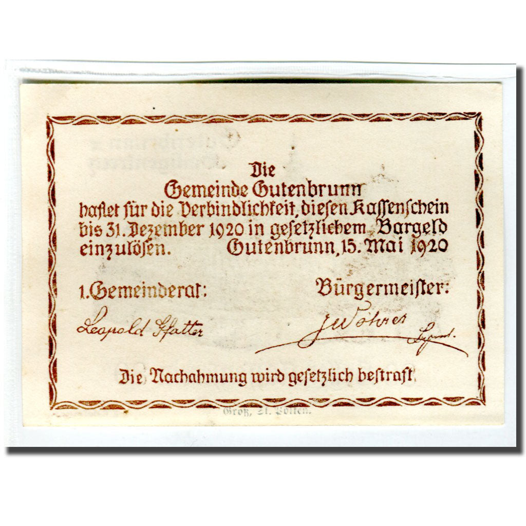 Banknote, Austria, Gutenbrunn, 80 Heller, Texte 3, 1920, UNC(63), Mehl:316