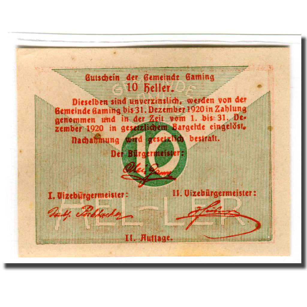 Banknote, Austria, Gaming, 10 Heller, Texte, 1920, 1920-12-31, UNC(63)