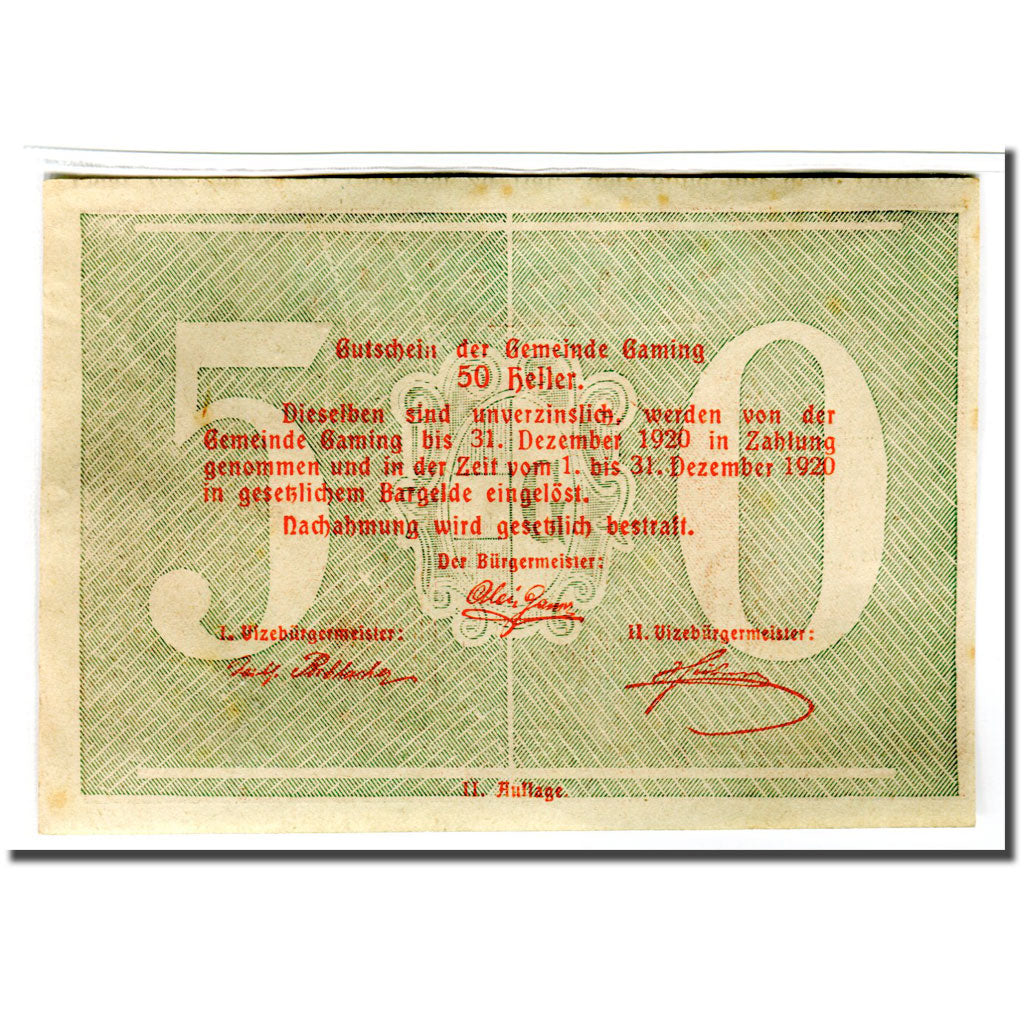 Banknote, Austria, Gaming, 50 Heller, Texte 3, 1920, 1920-12-31, UNC(63)