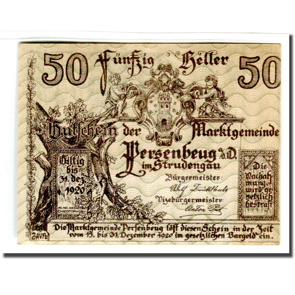 Banknote, Austria, Persenbeug an der donau, 50 Heller, paysage, 1920, UNC(63)