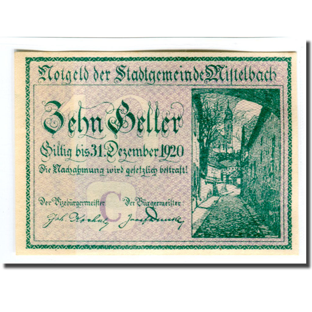 Banknote, Austria, Mistelbach, 10 Heller, paysage, 1920, UNC(63), Mehl:614c
