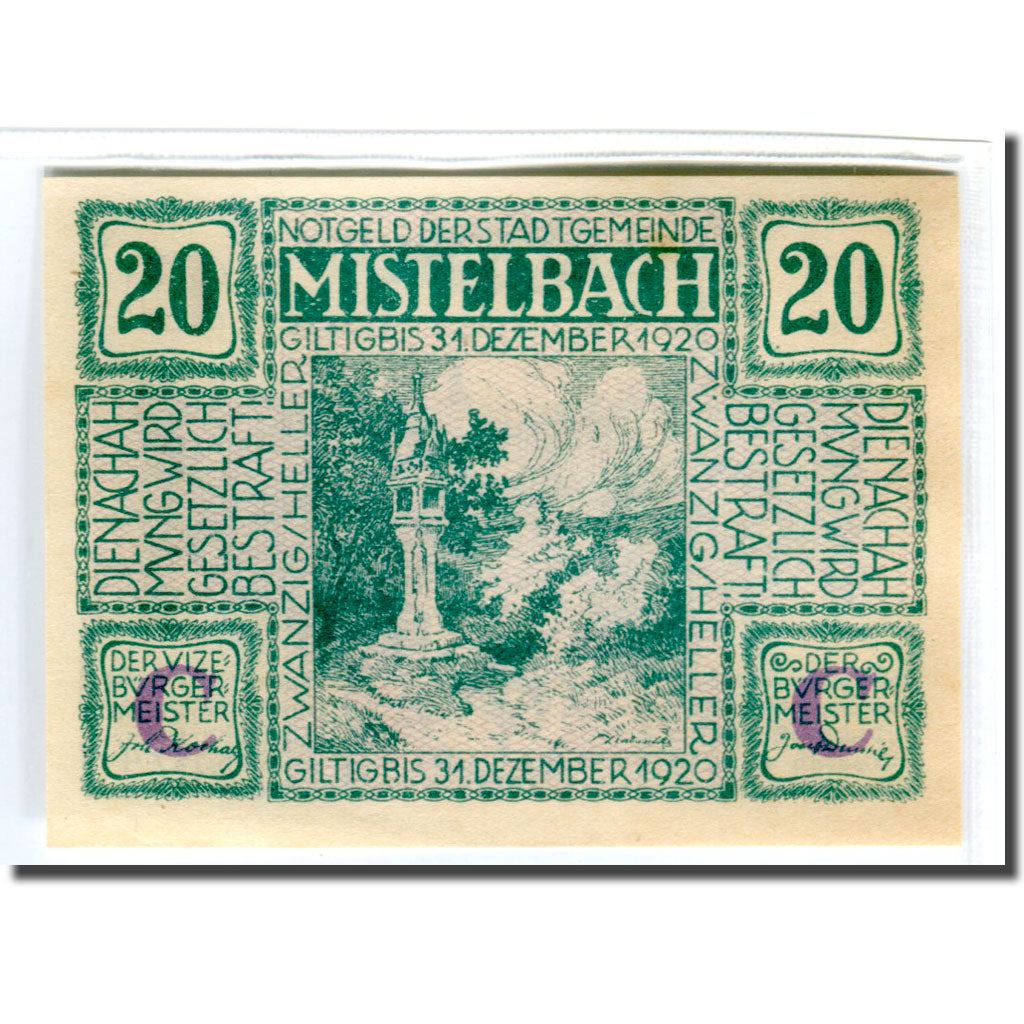 Banknote, Austria, Mistelbach, 20 Heller, paysage 1, 1920, UNC(63), Mehl:614c