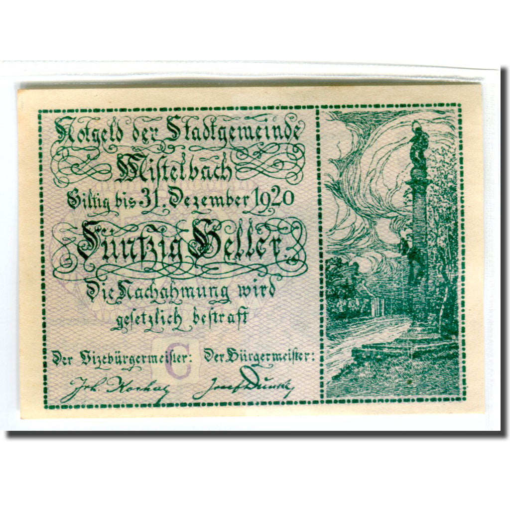 Banknote, Austria, Mistelbach, 50 Heller, paysage 2, 1920, UNC(63), Mehl:614c