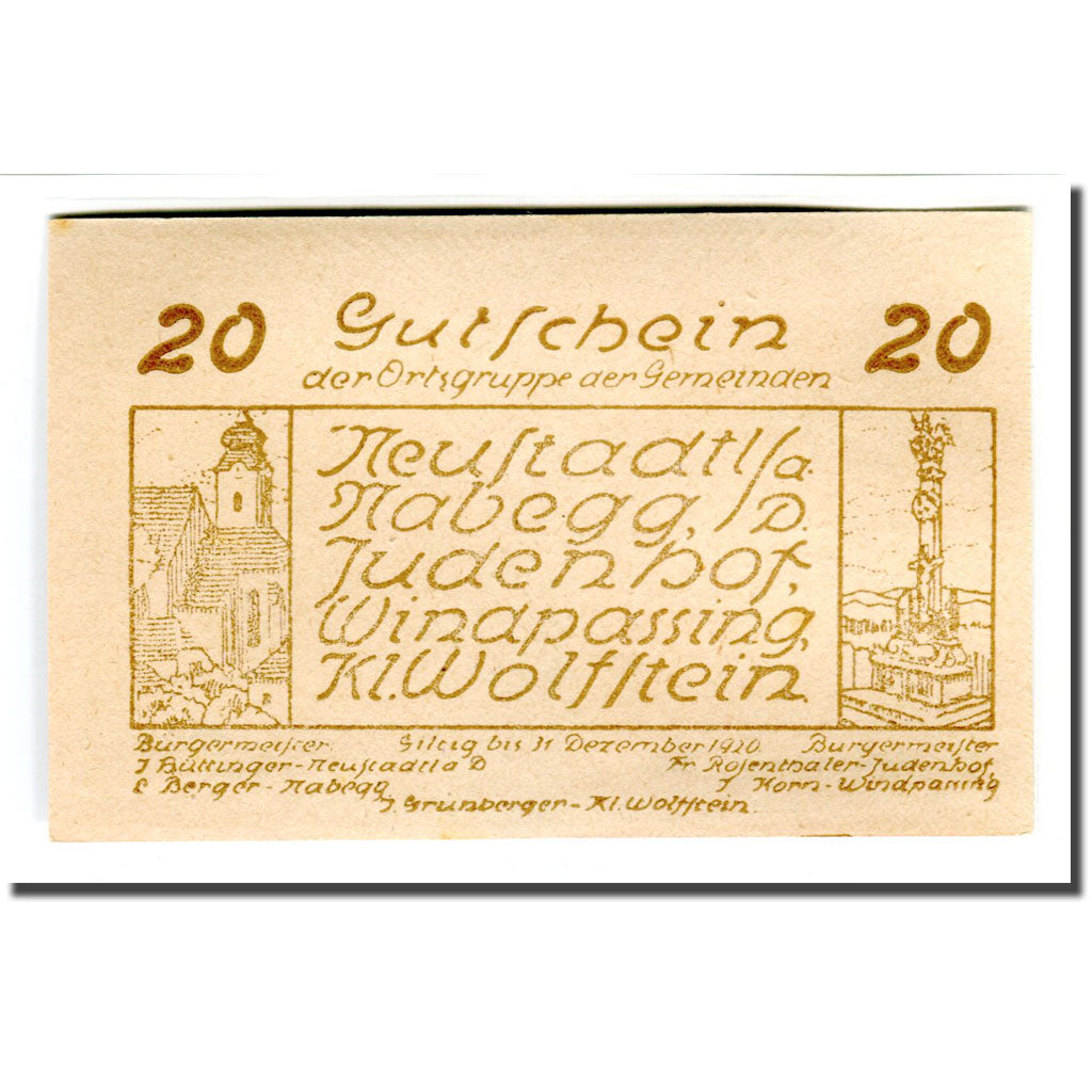 Banknote, Austria, Neustadtl Nabegg Judenhof Windpassing Kl. Wolfstein N.Ö, 20
