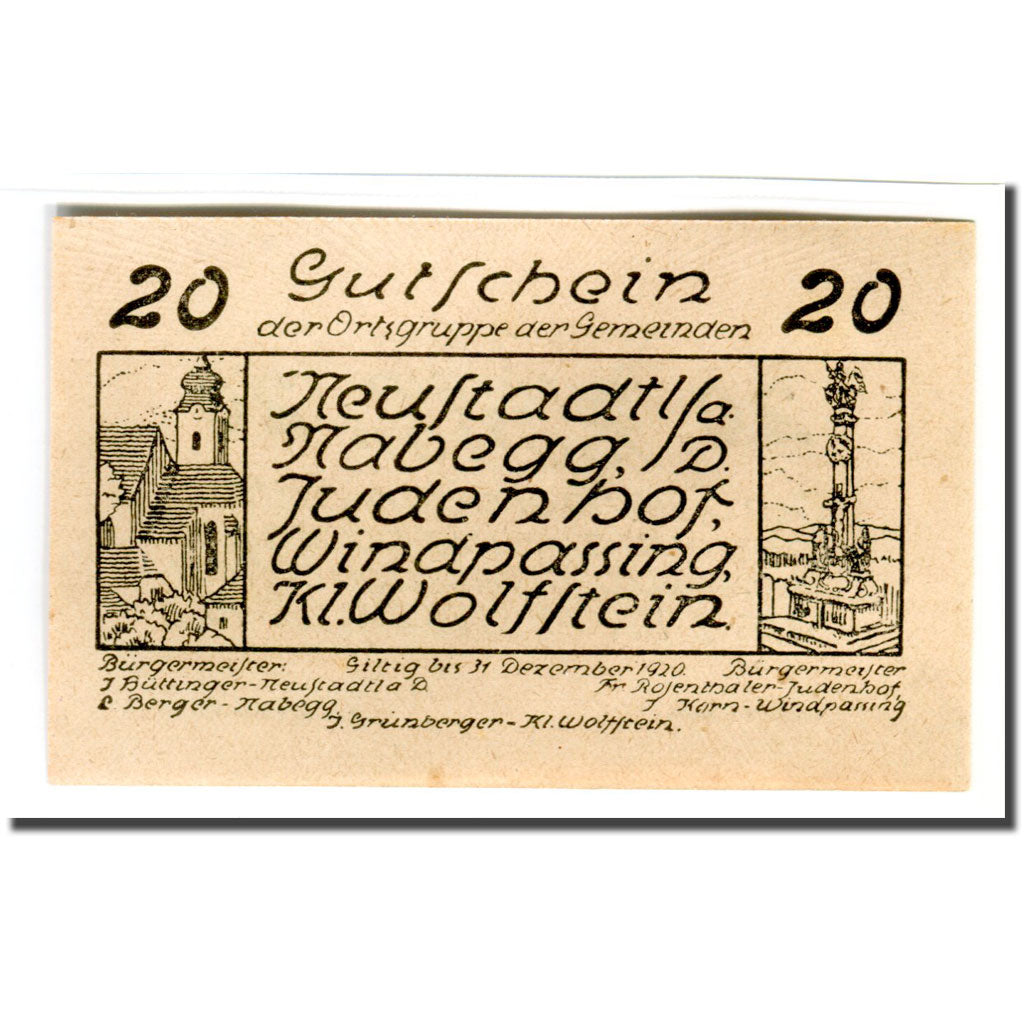 Banknote, Austria, Neustadtl Nabegg Judenhof Windpassing Kl. Wolfstein N.Ö, 20