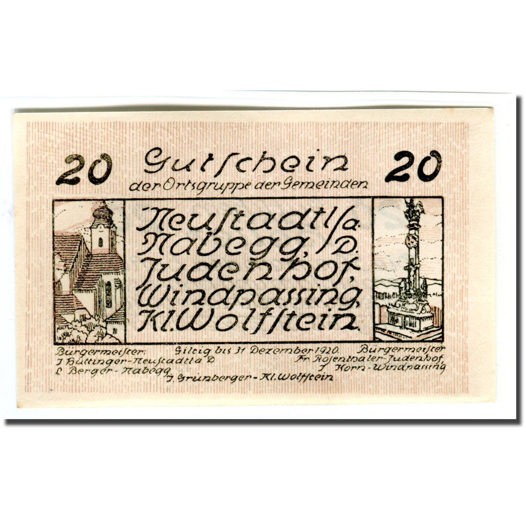 Banknote, Austria, Neustadtl Nabegg Judenhof Windpassing Kl. Wolfstein N.Ö, 20