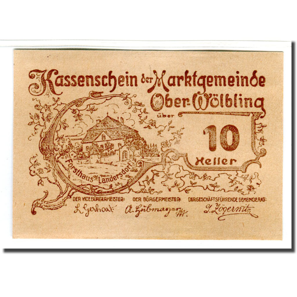 Biljet, Oostenrijk, Ober-Wölbling N.Ö. Marktgemeinde, 10 Heller, Texte, 1920
