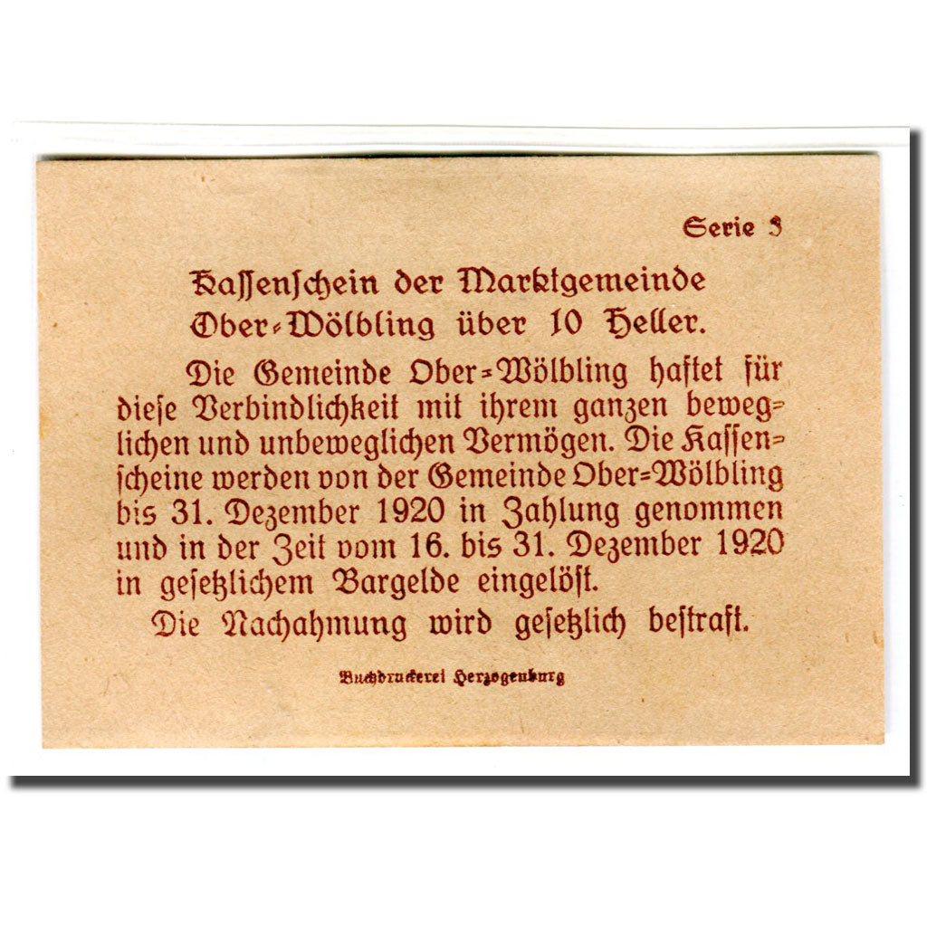 Biljet, Oostenrijk, Ober-Wölbling N.Ö. Marktgemeinde, 10 Heller, Texte, 1920