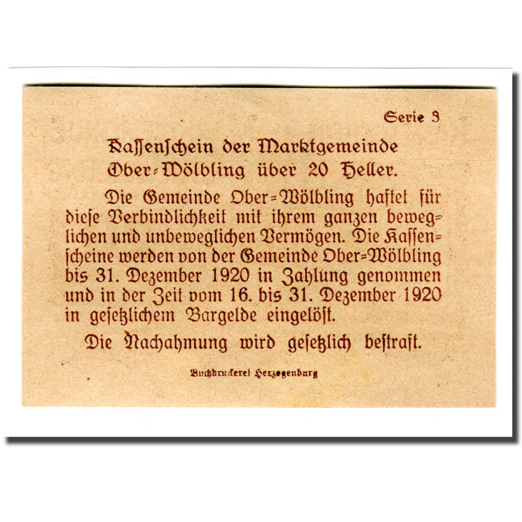 Banknote, Austria, Ober-Wölbling N.Ö. Marktgemeinde, 20 Heller, texte 1, 1920