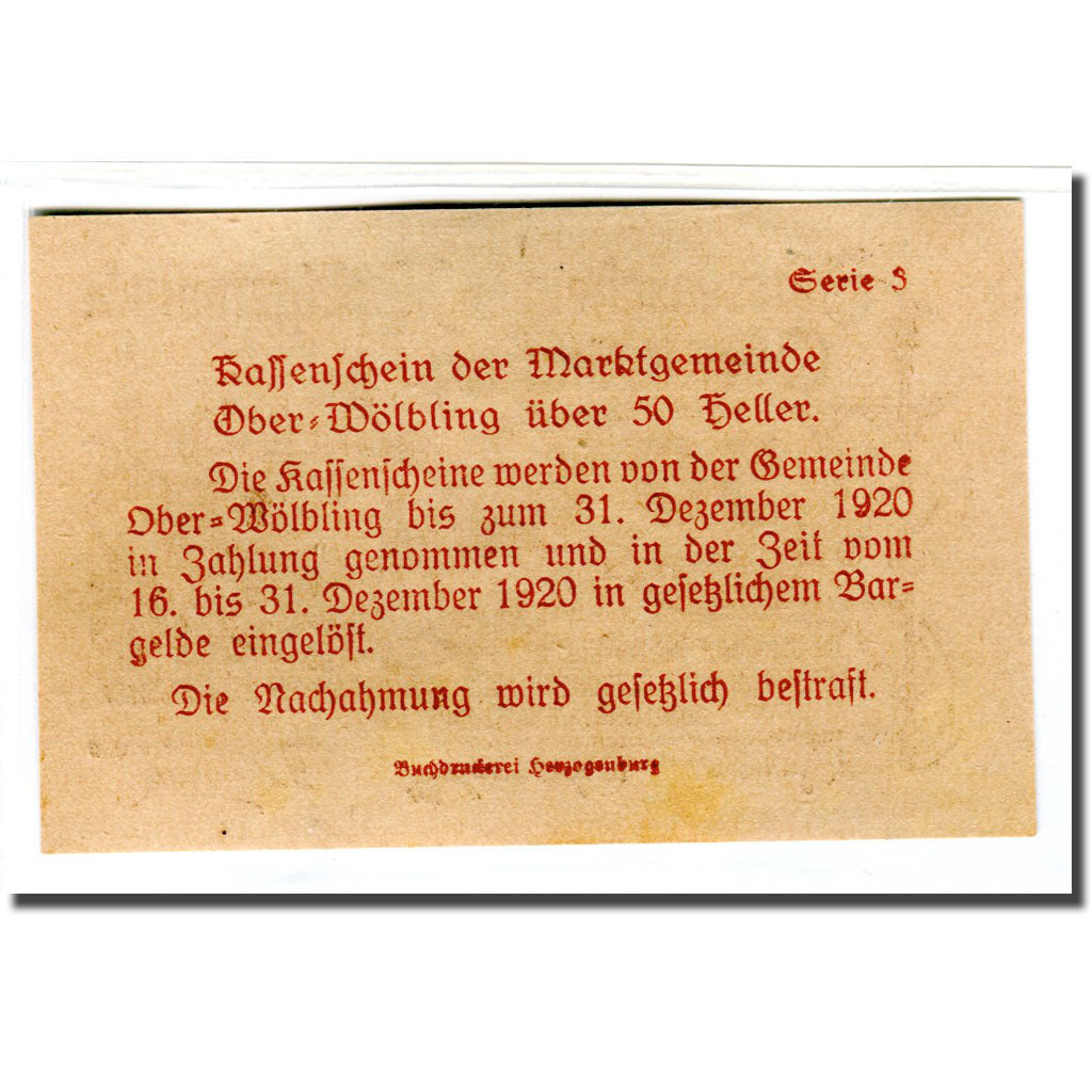 Banknote, Austria, Ober-Wölbling N.Ö. Marktgemeinde, 50 Heller, Texte 2, 1920