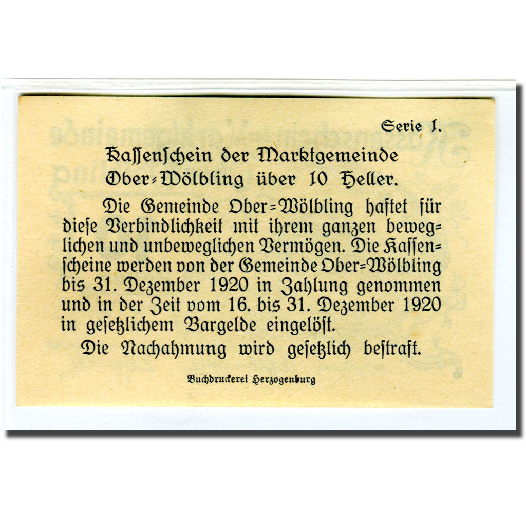 Biljet, Oostenrijk, Ober-Wölbling N.Ö. Marktgemeinde, 10 Heller, Texte 3
