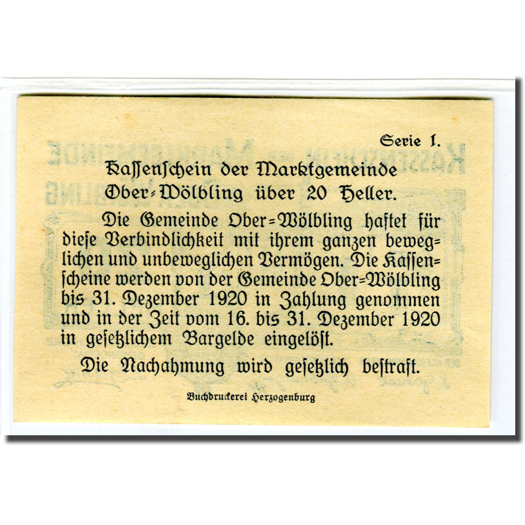 Banknote, Austria, Ober-Wölbling N.Ö. Marktgemeinde, 20 Heller, Texte 4, 1920