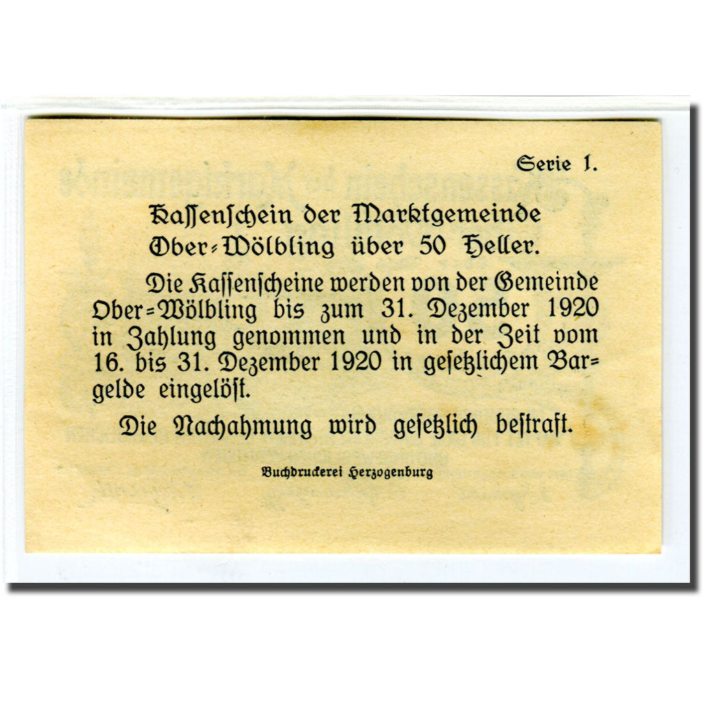 Biljet, Oostenrijk, Ober-Wölbling N.Ö. Marktgemeinde, 50 Heller, Texte  5