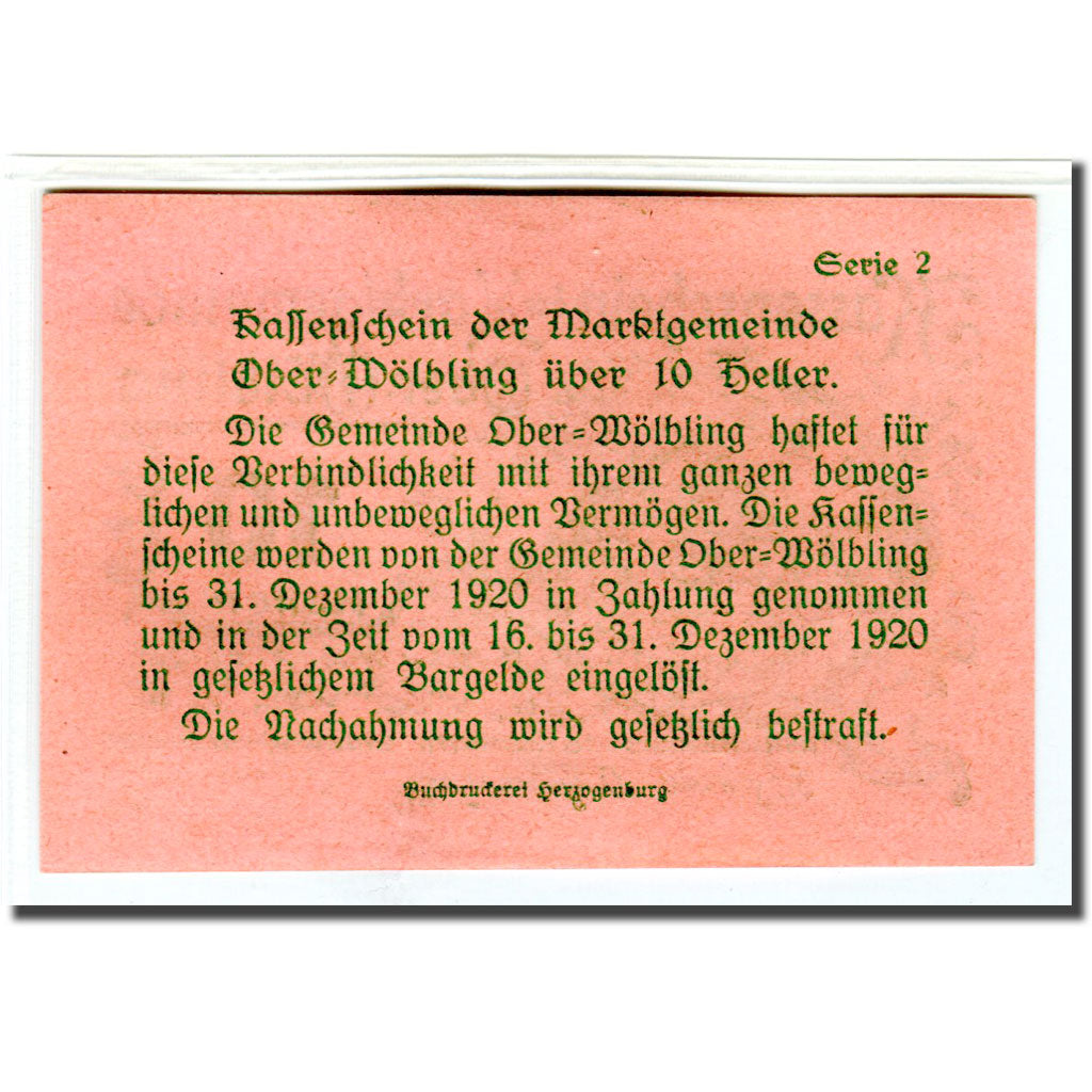 Banknote, Austria, Ober-Wölbling N.Ö. Marktgemeinde, 10 Heller, Texte 6, 1920