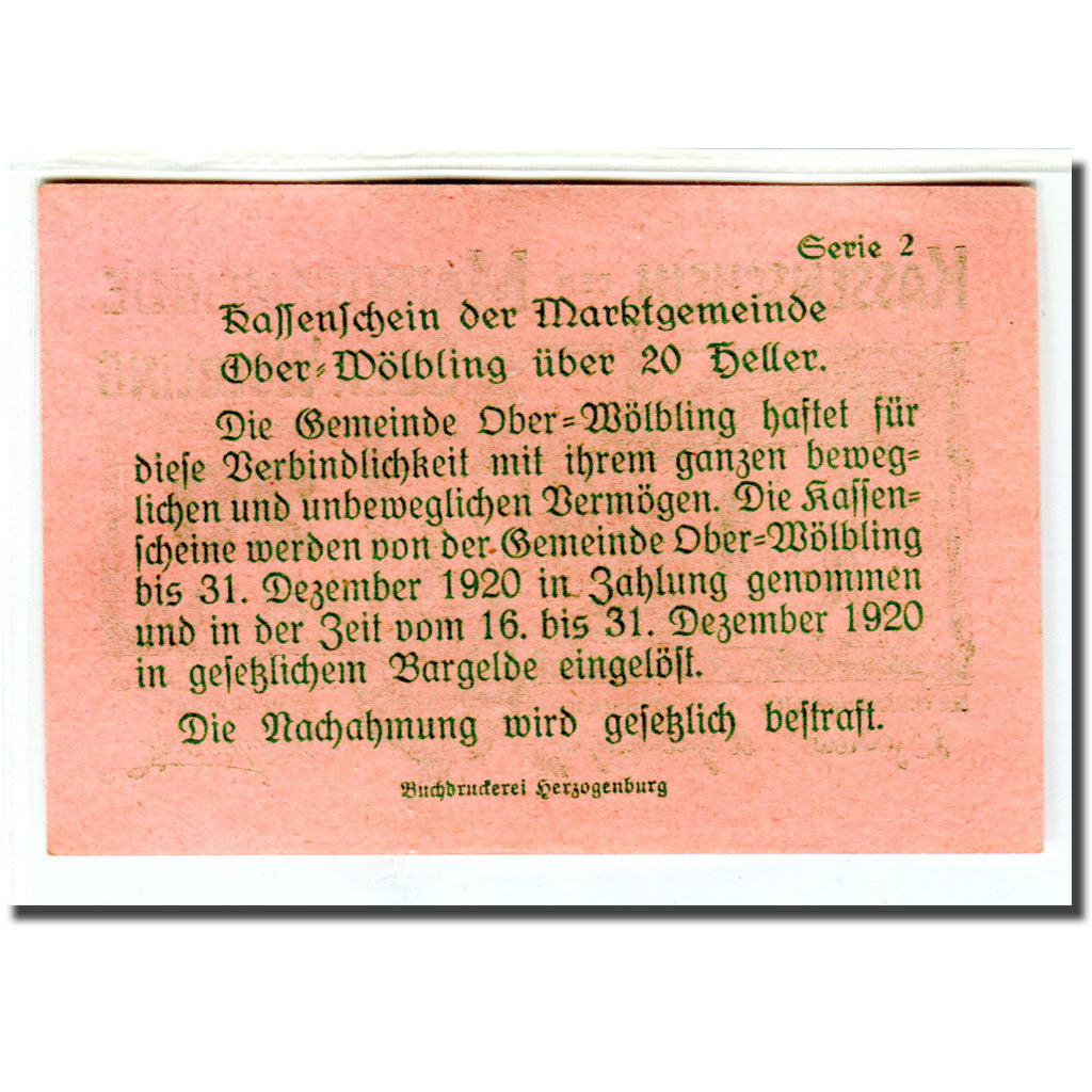 Banknote, Austria, Ober-Wölbling N.Ö. Marktgemeinde, 20 Heller, Texte 7, 1920
