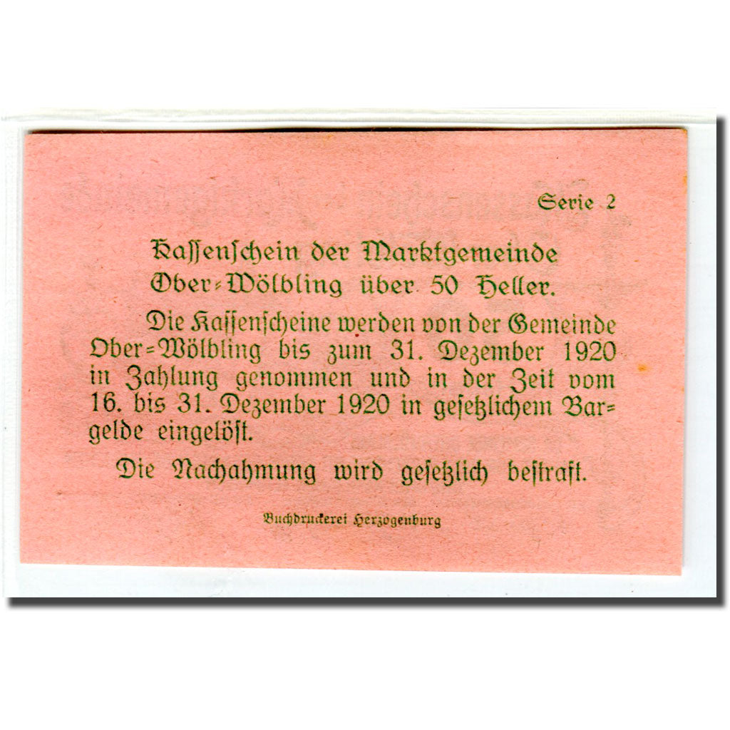 Banknote, Austria, Ober-Wölbling N.Ö. Marktgemeinde, 50 Heller, Texte 8, 1920