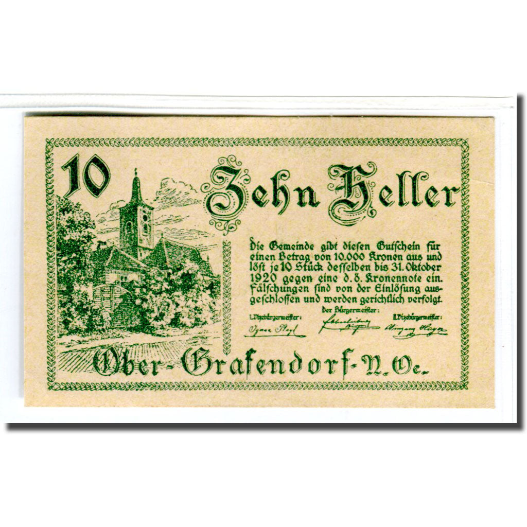 Banconote, Austria, Ober-Grafendorf N.Ö. Gemeinde, 10 Heller, valeur faciale