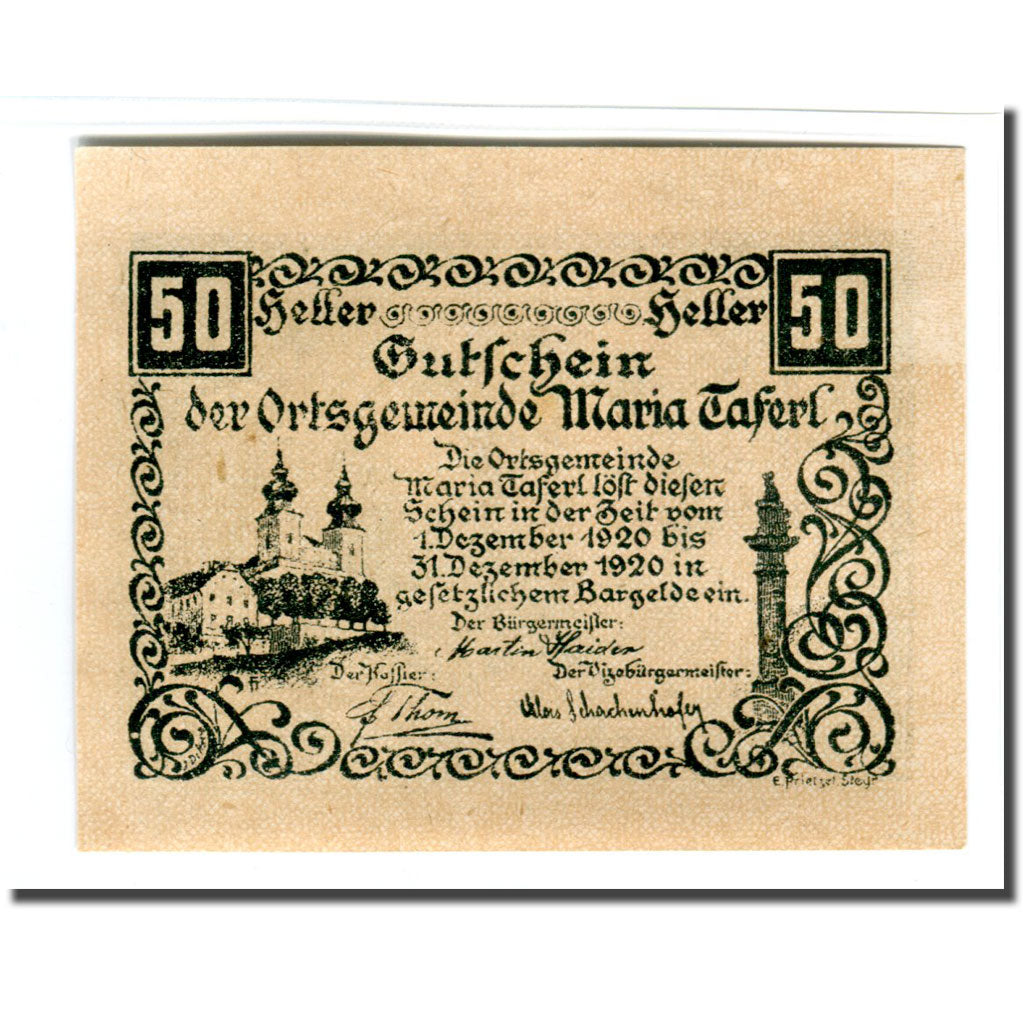 Banknote, Austria, Maria Taferl N.Ö Ortsgemeinde, 50 Heller, personnage 2