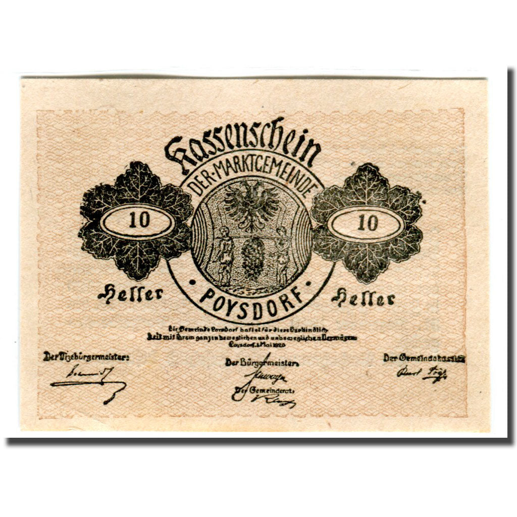 Banknote, Austria, Poysdorf, 10 Heller, texte 1, 1920, 1920-05-01, UNC(63)