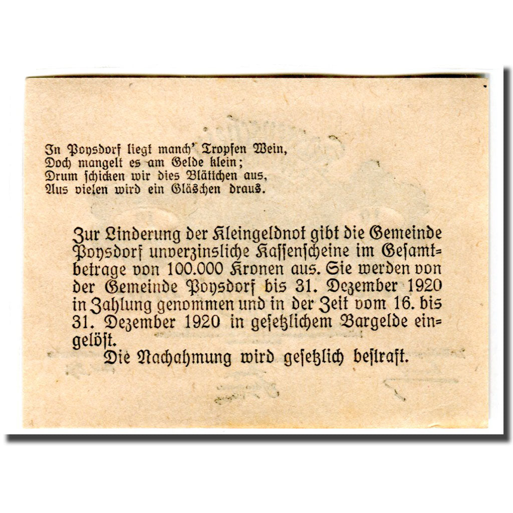 Banknote, Austria, Poysdorf, 10 Heller, texte 1, 1920, 1920-05-01, UNC(63)