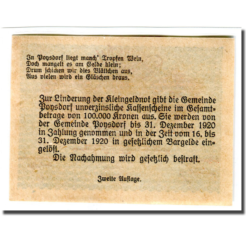 Banknote, Austria, Poysdorf, 20 Heller, Texte 2, 1920, 1920-05-01, UNC(63)