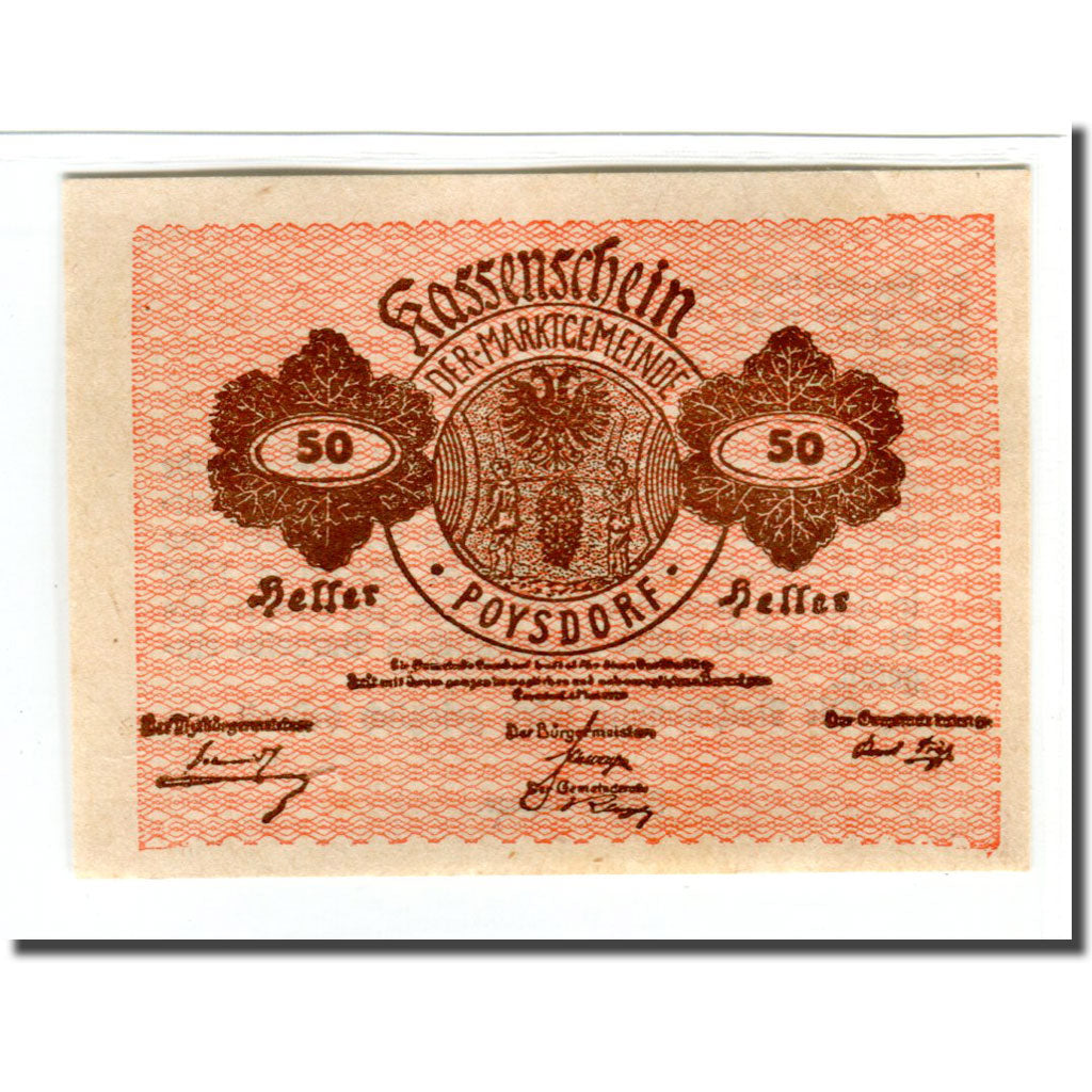 Banknote, Austria, Poysdorf, 50 Heller, Texte 3, 1920, 1920-05-01, UNC(63)