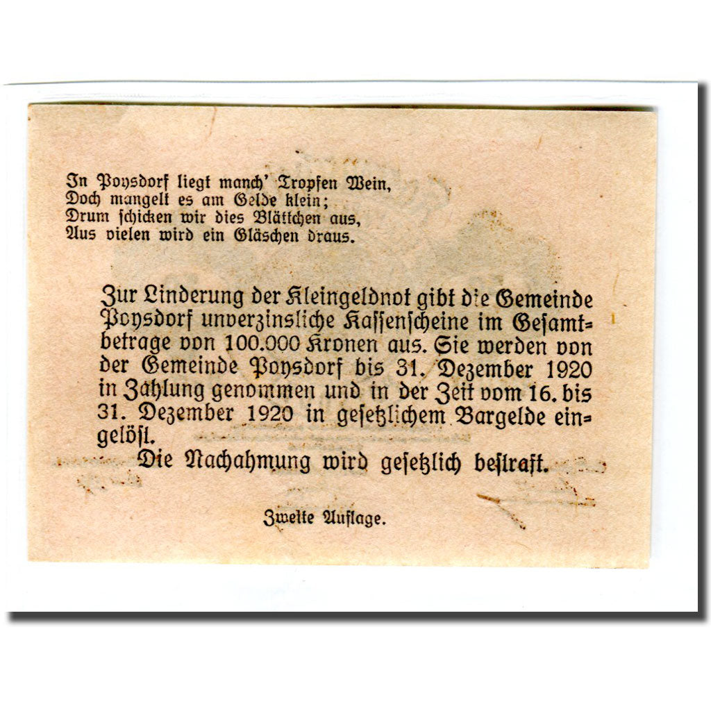 Banknote, Austria, Poysdorf, 50 Heller, Texte 3, 1920, 1920-05-01, UNC(63)