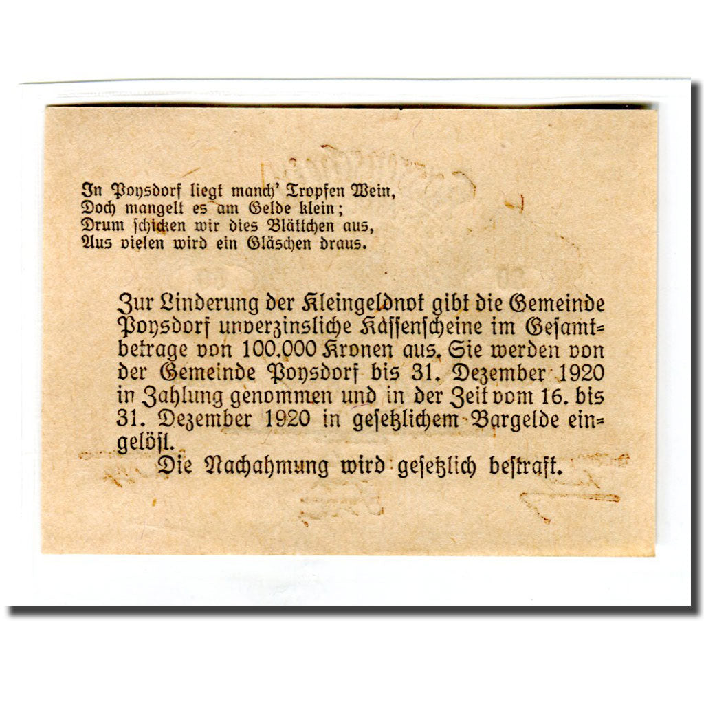 Banknote, Austria, Poysdorf, 50 Heller, Texte 4, 1920, 1920-05-01, UNC(63)