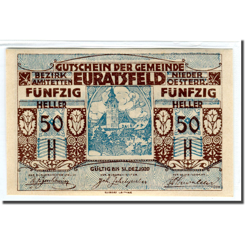 Banknote, Austria, Euratsfeld N.Ö. Gemeinde, 50 Heller, Texte, 1920, UNC(63)