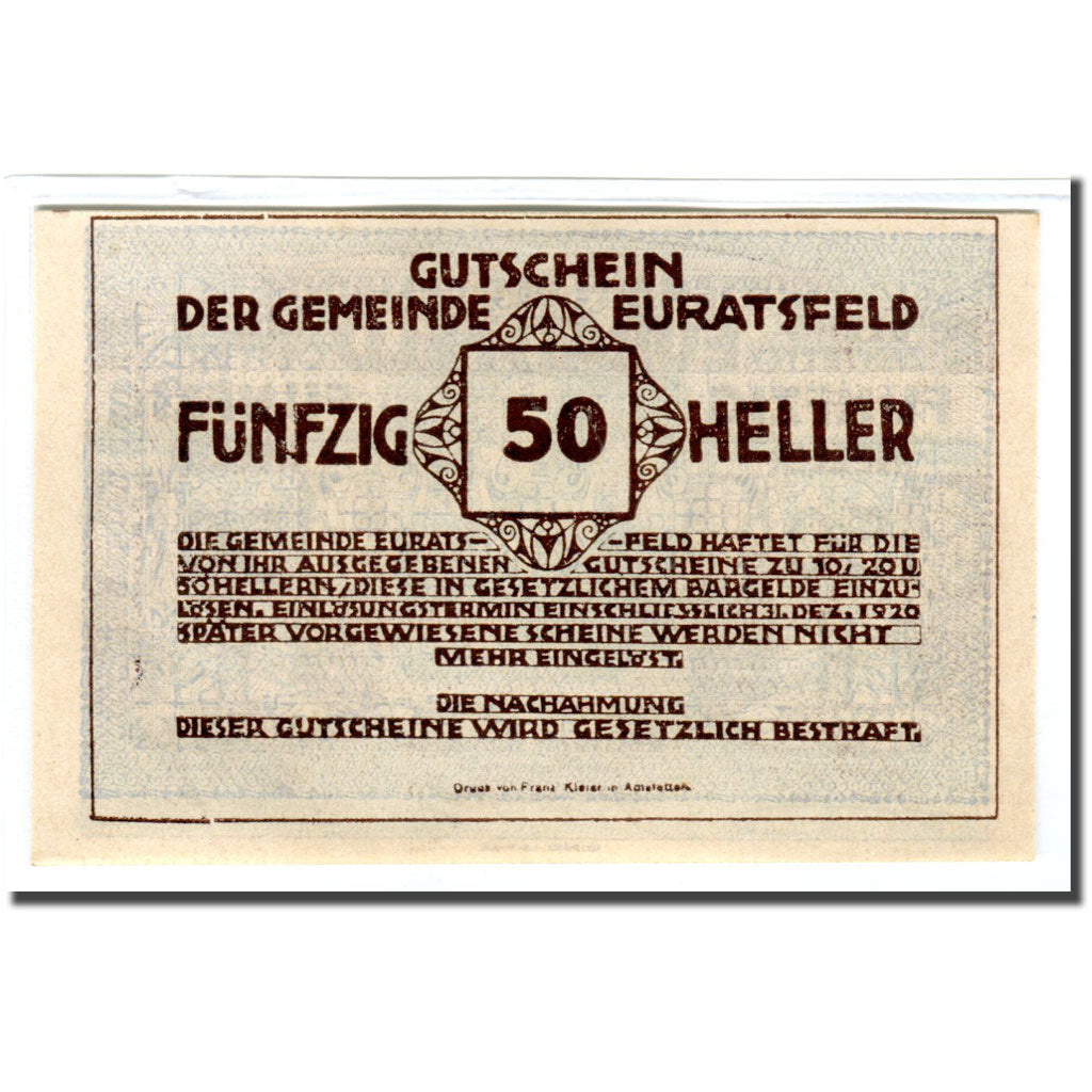 Banknote, Austria, Euratsfeld N.Ö. Gemeinde, 50 Heller, Texte, 1920, UNC(63)