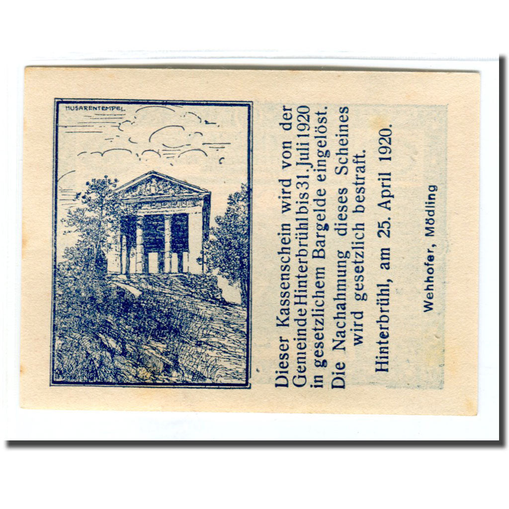 Billet, Autriche, Hinterbrühl, 10 Heller, batiment 2, 1920, SUP, Mehl:376Ia