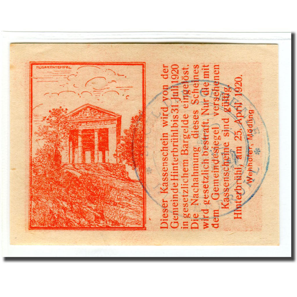 Banknote, Austria, Hinterbrühl, 20 Heller, batiment 3, 1920, UNC(63)