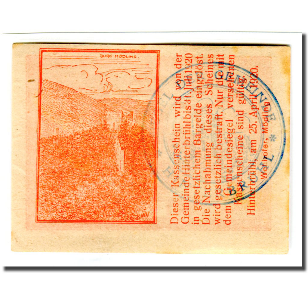 Banconote, Austria, Hinterbrühl, 20 Heller, Batiment 4, 1920, SPL-, Mehl:376Ia