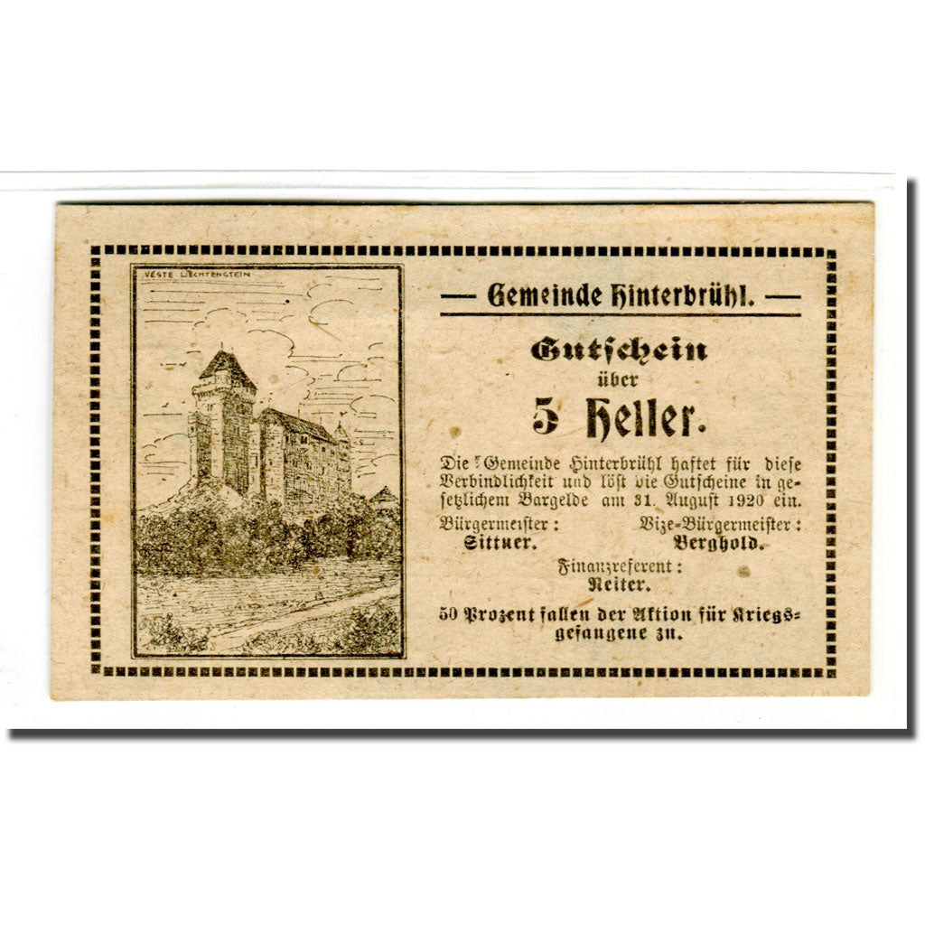 Banknote, Austria, Hinterbrühl, 5 Heller, N.D, 1920, UNC(63), Mehl:376IIId