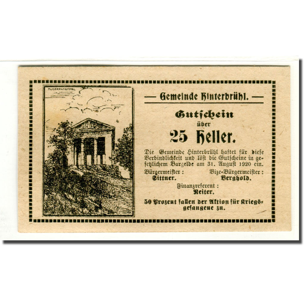 Banknote, Austria, Hinterbrühl, 25 Heller, N.D, 1920, UNC(63), Mehl:376IIId