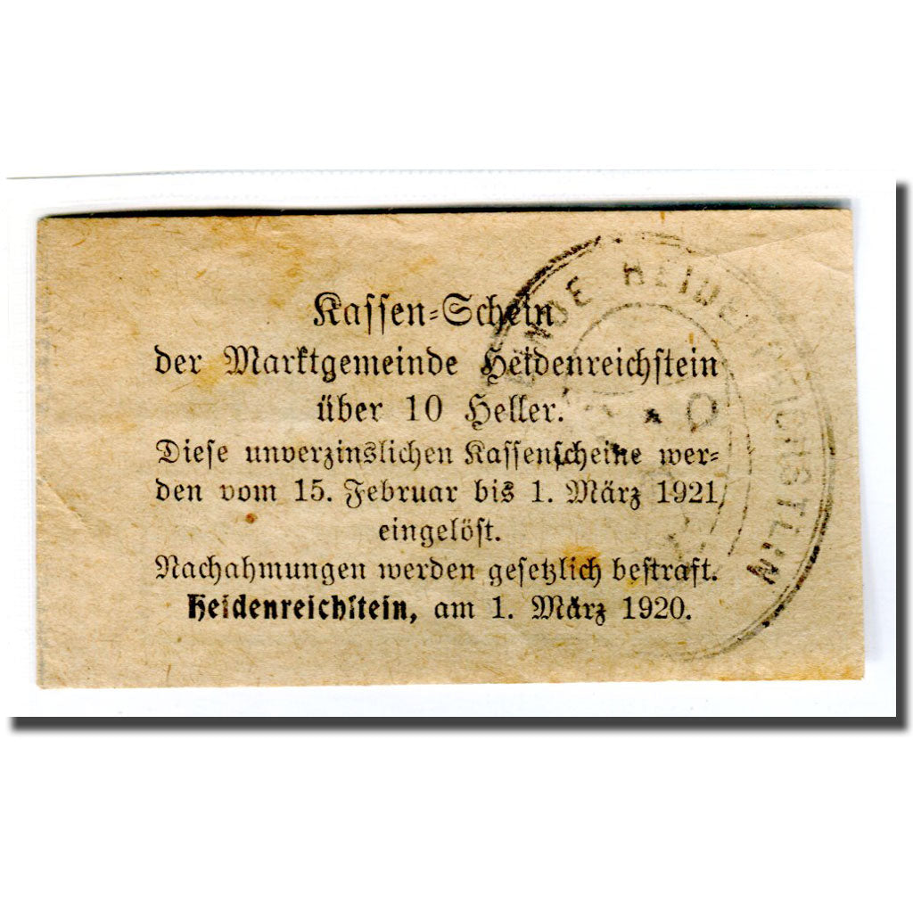 Billet, Autriche, Heidenreichstein, 10 Heller, Texte, 1920, SUP, Mehl:360Ib