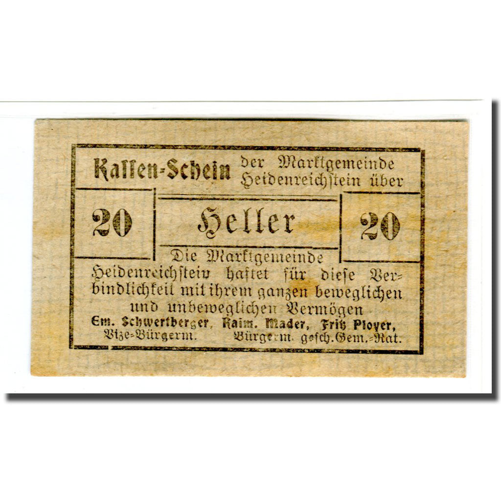 Biljet, Oostenrijk, Heidenreichstein, 20 Heller, texte 1, 1920, SUP, Mehl:360Ib