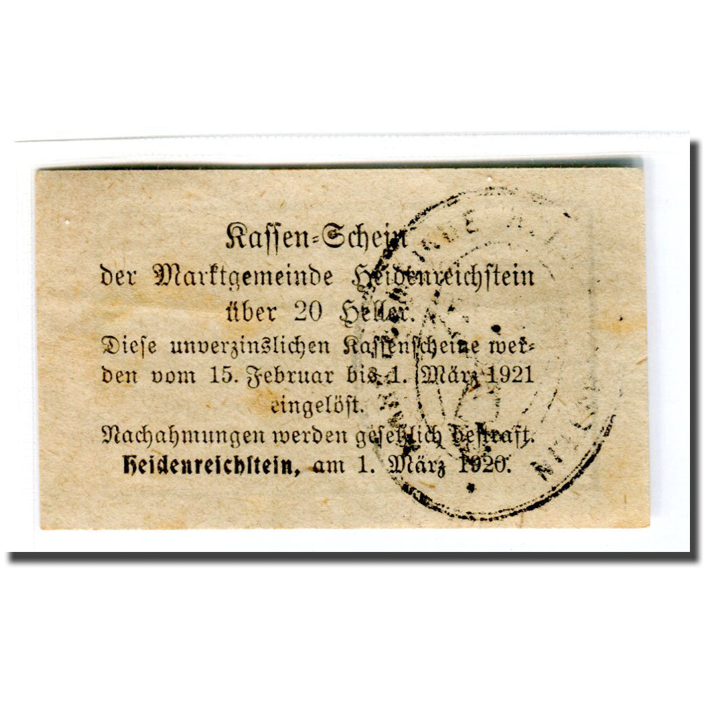 Biljet, Oostenrijk, Heidenreichstein, 20 Heller, texte 1, 1920, SUP, Mehl:360Ib