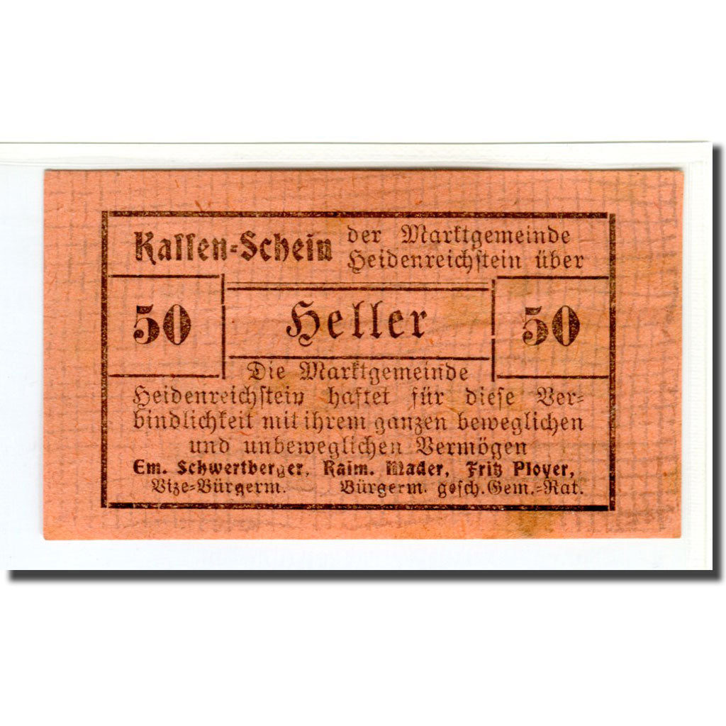 Banknote, Austria, Heidenreichstein, 50 Heller, Texte 2, 1920, AU(55-58)